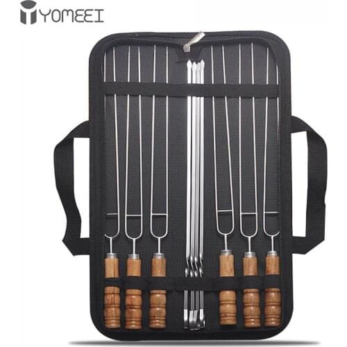 YOMEEI 10Pcs Stainless Steel BBQ Forks Wooden BBQ Skewers U-shaped Barbecue Forks Outdoor Meat Skewer Barbecue Tools