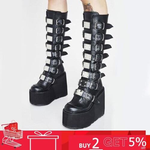 Brand Design Big Size 43 Black Gothic Style Cool Punk Motorcycles Boots Female Platform Wedges High Heels Calf Boots Women Shoes