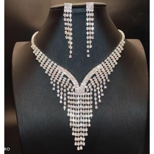 Set Woman 2 Pieces Silver Indian Jewelry Crystal Necklace Sets For Women Necklaces Earrings Wedding Accessories Jewelry Sets