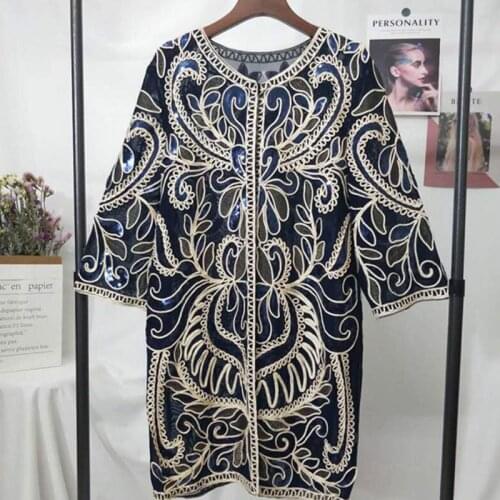 Plus Size Blue Lace SequinsOpen Cardigan for Women Long Loose Shawl Kimono Top Cover Up