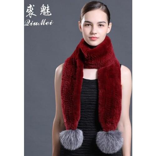 160cm Real Rex Rabbit Fur Scarf With Fox Pompom Womens Winter Scarves Female Ring Genuine Fur Collar 2018 Warm Ladies Scarves