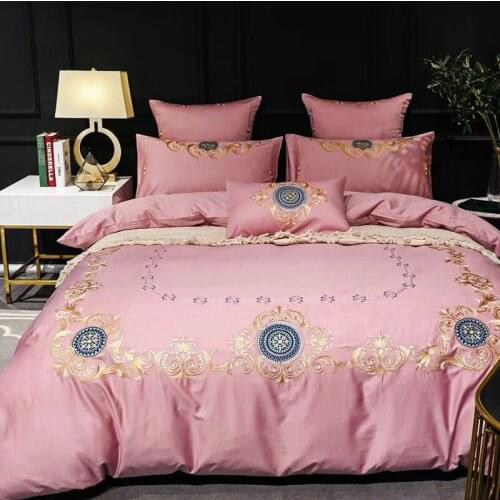 100S Egyptian Cotton Embroidery Luxury Royal Bedding Set 4pcs King Queen Wedding Bed Sheet set Duvet cover Pillowcase 6pcs blue