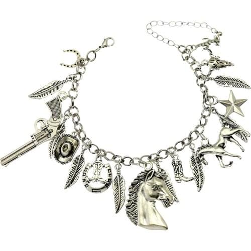 18 Charms Vintage Western Theme Gypsy Bracelet Cuff Bangle Cowgirl Wild West Horseshoe Gun Horse Hat Star Bull Cactus