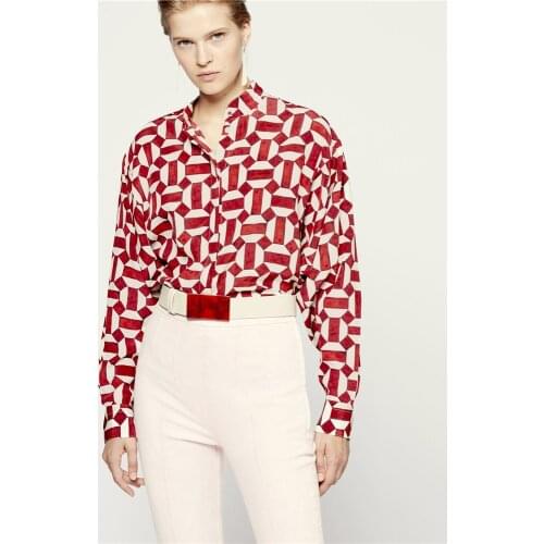 2021SS Red Geo Print Silk Blouse women CADE Shirt Mandarin Collar Long Sleeves Fashion Blouse Tops
