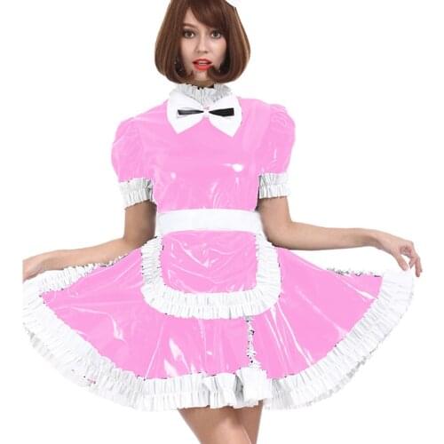 24 Colors Glossy PVC French Maid Short Sleeve Dress Ladies Sweet Lolita Mini Dress Waitress Cosplay Uniform Halloween Costume