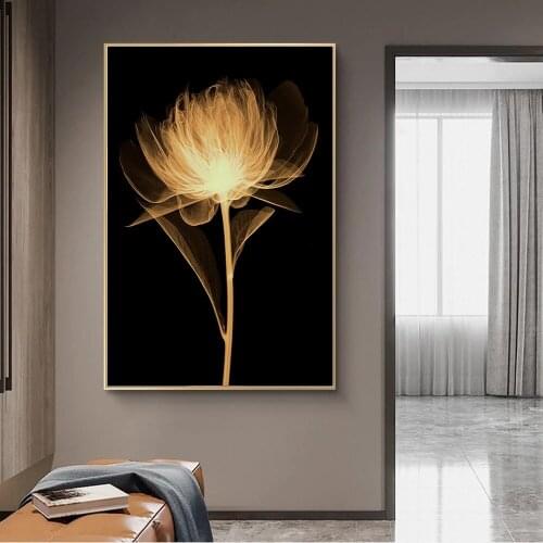 Abstract Flowers on Black Groud Canvas Painting Light Yellow Flowers Poster and Prints Wall Pictures for Living Room Home Decor