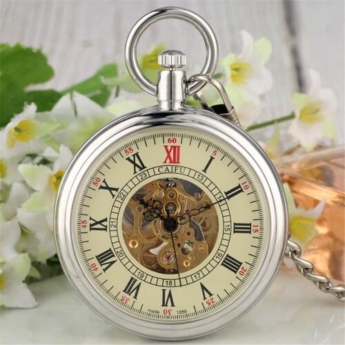 Open Face Roman Numerals Display Automatic Mechanical Pocket Watch Silver Pocket Chain Pendant Clock Retro Gifts Male