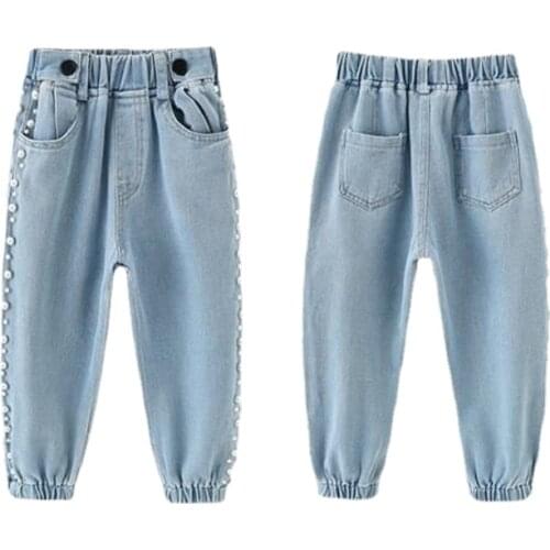 Girls Pearl Jeans Spring Autumn Korean Teens Children Fashion Casual Trousers Teenage Breathable Classic Pants 3-12Y GOZBKA
