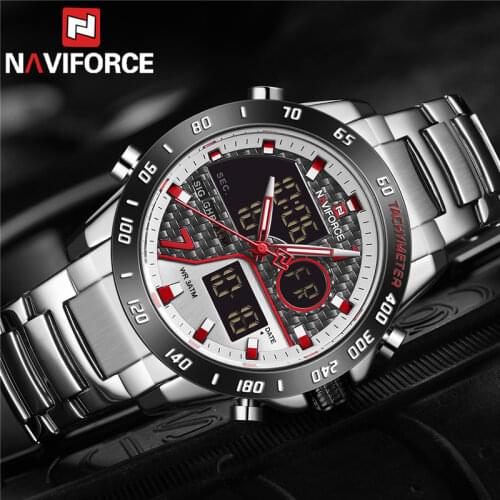 NAVIFORCE Fashion Men Watch Quartz Digital Male Clock Military Sport Stainless Steel Top Brand Luxury Silver Man Wristwatch 9171