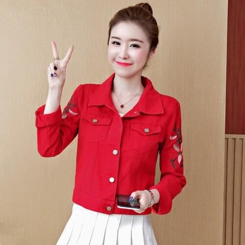 Spring Jeans Jacket Women Plus Size Embroidery Flowers Single-Breasted Red White Denim Coat Ladies Slim Short Outerwear G1051
