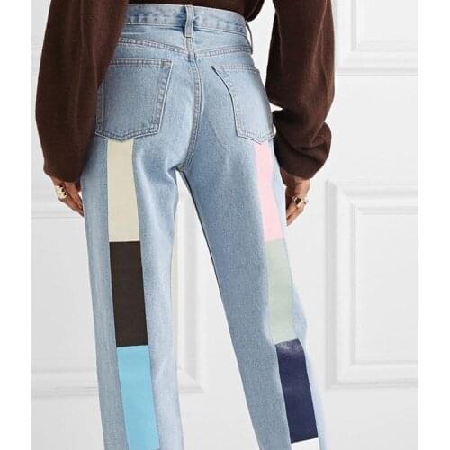 Printed Stitching High Waist Loose Straight-leg Cotton Womens Jeans Spring and Summer Streetwear Zipper Womens Jeans Trousers