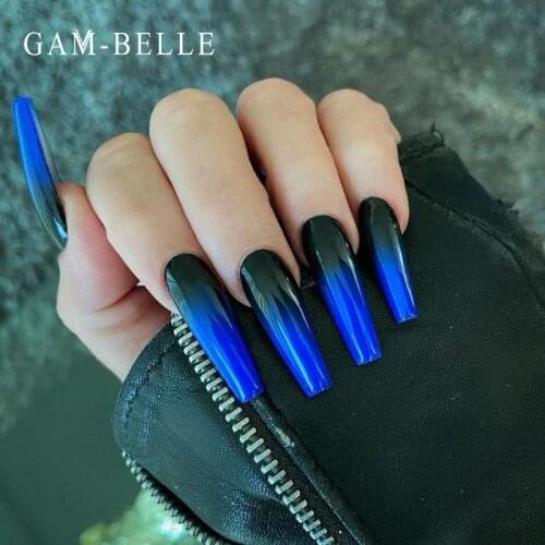 GAM-BELLE Blue Black Gradient Fake Nails Long Ballerina Coffin Full Press On Nails Artificial Nail Tips Manicure Beauty Tools