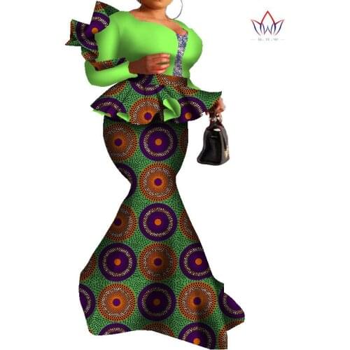 BintaRealWax Africa Skirt Sets for Women Danshiki V-Neck Sexy Top & Skirt Clothing Puls Size Cotton Material Dress WY7921