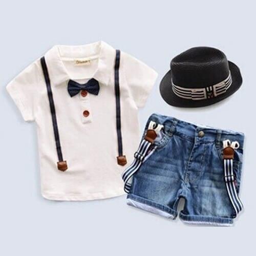 New Straps Denim Sets Clothes For Baby Boys White Solid Bow Tie Shirts+Casual Washed Suspender Jeans Pant Roupas Infantis Menino