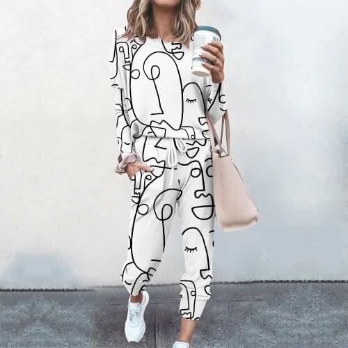 Long Sleeve Pullover Sweatshirt Pants Sportswear Set 3D abstract Printing Tracksuit Womens Clothing женские штаны ropa de mujer