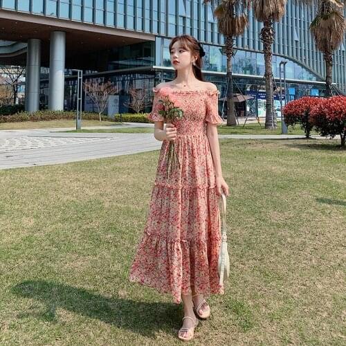 Summer Floral Print Dress 2021 New Women Chiffon Waist Thin Temperament Short Sleeve Sweet Fairy Long Dress Vestidos de mujer