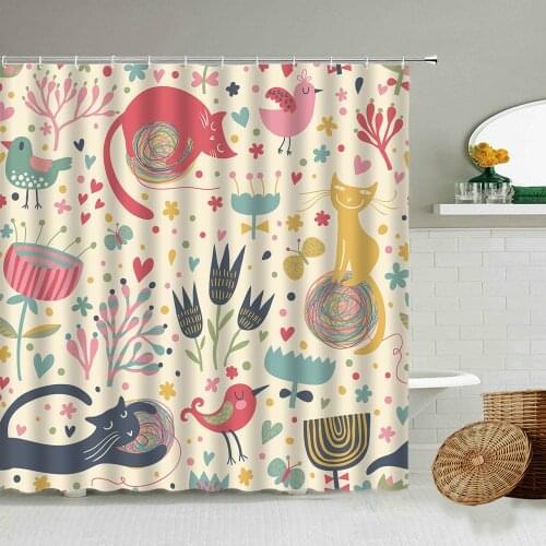 Cartoon Hand-Painted Animal Shower Curtain Cat Bird Rabbit Plant Flower Child Bathroom Decor With Hook Hanging Screen Washable