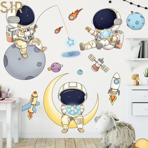 Outer Space Astronauts Wall Stickers for Childrens Room Kindergarten Cosmic Starry Sky Cartoon Cute Spacecraft Waterproof Decor