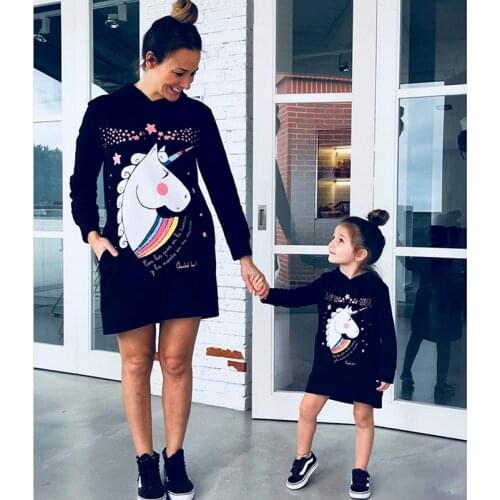 Cartoon print Mother Daughter dress family matching long sleeved baby girl clothes hooded sweatshirt family matching outfits