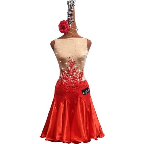 Customized Latin Dance Competition Dress Performing Dress Nude Red Embroidered Pleated Skirt