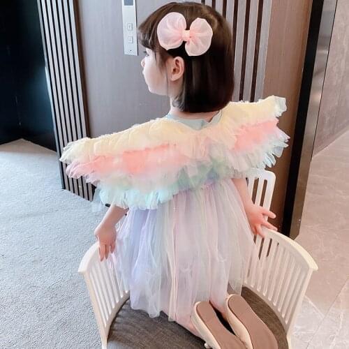 Girl Mesh Dress Butterfly Printing With Wing Summer Little Girl Princess Gauze Tutu Dresses Toddler 1-6 Years Old Baby