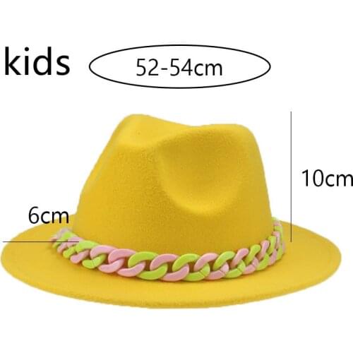 Child Fedora Small 54cm Solid Green Blue Red Hats for Women Chain Casual Formal Dress Boys Grils Kids Hat New Sombreros De Mujer