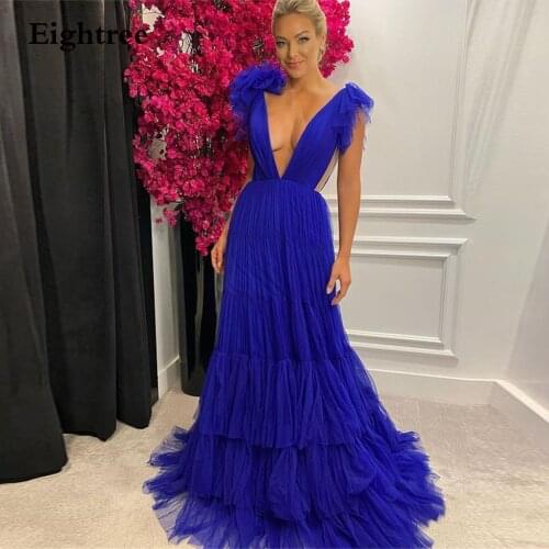 Eightree 2021 Dark Blue V Neck Tulle Prom Dresses Sleeveless A Line Long Celebrity Vestidos Evening Party Night Gowns