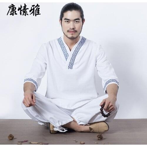 Spring Men Yoga Set Loose Yoga Top Shirts Wide Leg Yoga Pants Male Meditation Uniforms Kungfu Tai Chi Martial Arts Yoga Clothing