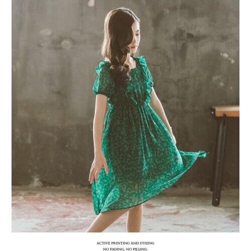 Green chiffon dress Summer new dress childrens dress floral fresh Princess dress 110cm to 160cm girls wear