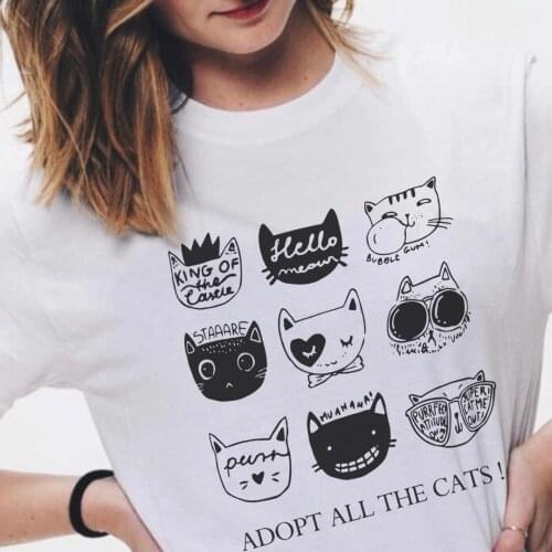 Women Cartoon Cats Print T Shirt Female Summer Cute Aesthetic Funny Tshirt Casual Cotton Short Sleeve Tee Streetwear Top