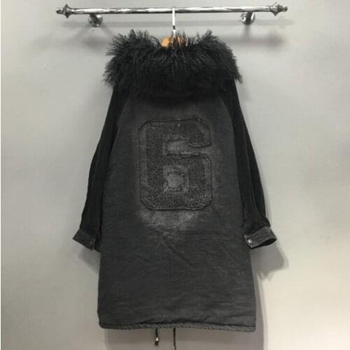 Long over the knee denim stitching corduroy long-sleeved cotton padded jacket female winter 2019 new hot drilling cotto