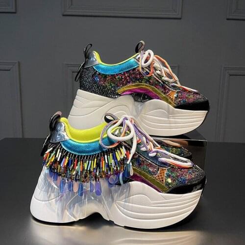 New Genuine Leather Beaded Tassel Muffin Platform Increased Casual Daddy Shoes Single Sneakers Women Ins Tide Unique Design 2021