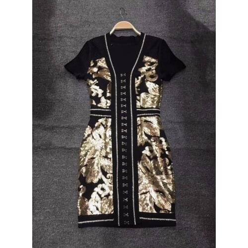 Cutseber New Good Quality Sexy Women Bandage Dresses Gold Sequin Black Bandage Fashion Short Sleeve Party Summer Dress Drop Ship