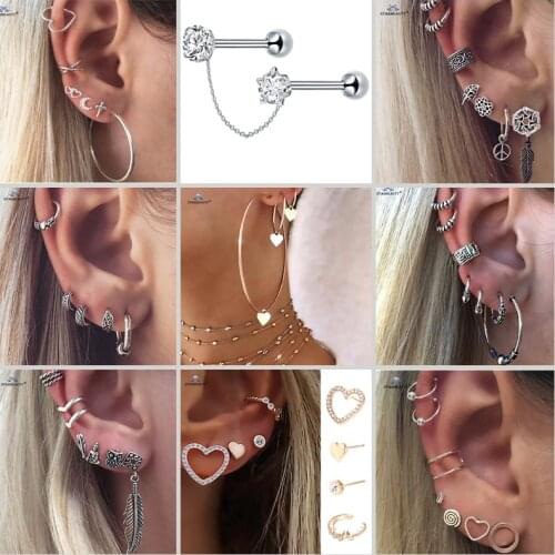 1 set/order Star Bijoux Leaf Moon Ear Piercing Helix Piercing Tragus Piercing Oreja Fake Nose Ring Stud Ear Cuff Earring Jewelry