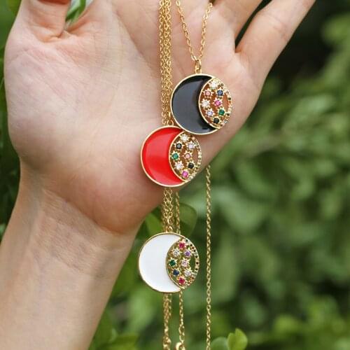 1Pcs new trendy enameled rainbow CZ cubic zirconia moon gold pendant necklaces fashion copper o-chain for womens jewelry gift