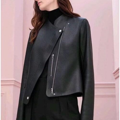 2020 New Autumn Women Hot Sale Short Leather Jacket O-Neck Long Sleeves High Quality fashion Jacket Coat