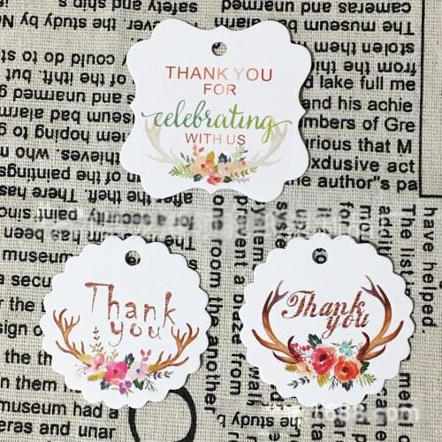 50PCS+10M Hemp Rope Cute Thank You Tags Antler Flowers Wavy Edge Round Card Hemp Rope Gift Baking Label Party DIY Decoration