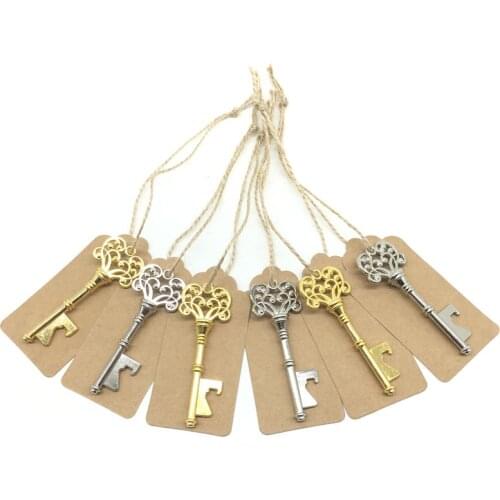 50pcs/lot Wedding Souvenirs Tags Silver and Gold Copper Skeleton Key Beer Bottle Opener with Escort Tags Place Cards Well Packed