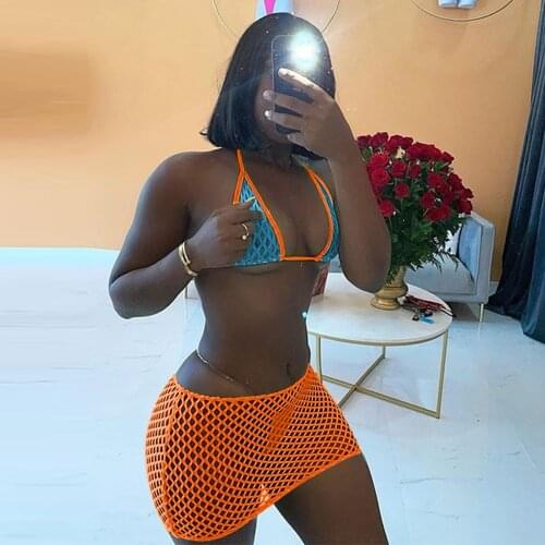 Fishnet Hollow Out See Through 2 Piece Bikini Set Summer Outfits Halter Backless Bra Tops and Beachwear Mini Skirt Swimsuits