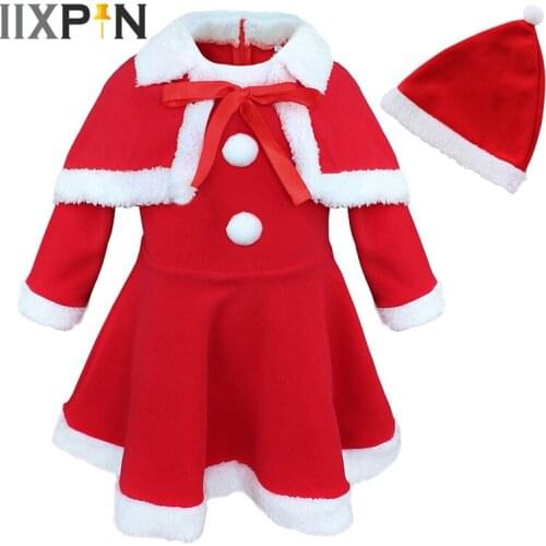 Kids Girls Christmas Dress Santa Claus Cosplay Costume Dress with Shawl Hat Outfits Christmas Costumes for Girls Kids Clothes