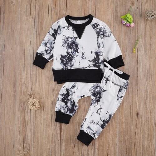 Emmababy Newborn Baby Boy Clothes Autumn 2020 Long Sleeve Round Neck Tops Elastic Long Pants 2Pcs Outfits Tie-dyed Clothes