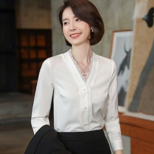 IZICFLY New Autumn Elegant Fashion Lace White Blouse Women Office Uniform Long Sleeve Korean Shirt Slim Business Plus Size Tops