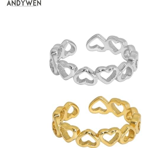 ANDYWEN 925 Sterling Silver Gold Heart Chain Resizable Rings Geometric Irregular Women Fine Jewelry 2021 Wedding Party Jewels