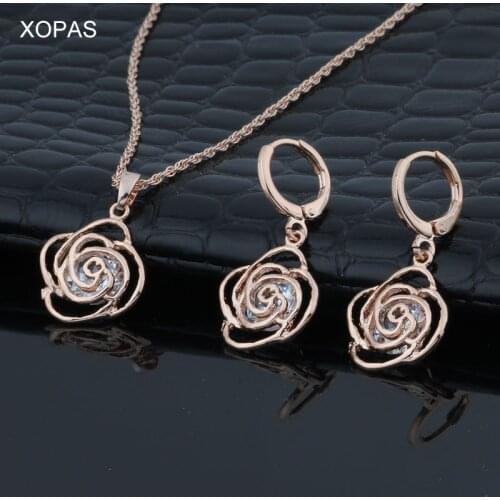 XOPAS 585 Rose Gold-color Flower Shape Pendant Necklace Earring Sets Necklace Classic Wedding Costume Jewelry Set