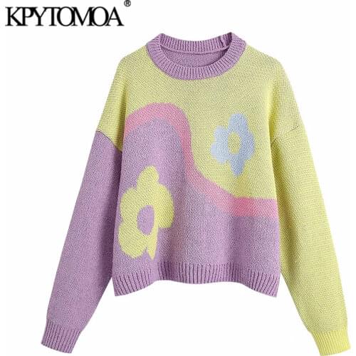 KPYTOMOA Women 2021 Fashion Floral Jacquard Loose Knitted Sweater Vintage O Neck Long Sleeve Female Pullovers Chic Tops