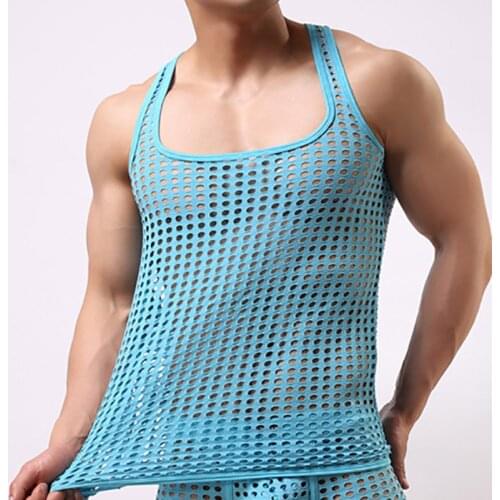 Mens Undershirts Sleeveless Fishnet Hollow Out Transparent Gay Tops Tees Mesh Vest Sexy Shirts Loose Sports Fitness T shirts