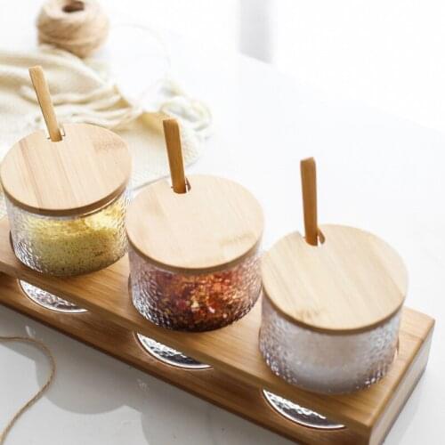 Seasoning Jar Set Storage Bottle Can With Cover And Spoon Hammer Eye Grain Glass Canister Multi-Function Organizational Cutlery