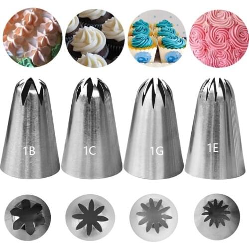 4pcs Large Icing Piping Nozzles For Decorating Cake Baking Cookie Cupcake Piping Nozzle Stainless Steel Pastry Tips #1B#1C#1E#1G