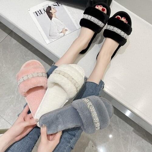 New Autumn Flat Slippers Woman Plus Size Round Pearl Buckle Solid Flats Female Casual Slippers Ladies Women Fashion Fur Shoes