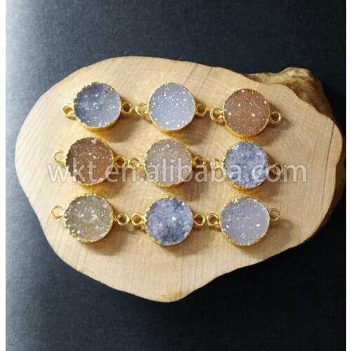 WT- C088Tiny round druzy stone connector Druzy Stone Druzy charms Shiny Sparkly Connector with Gold trim